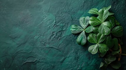 A cluster of vibrant green clover leaves set against a dark, textured surface. - obrazy, fototapety, plakaty