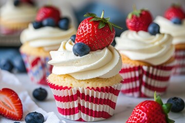 berry cupcake, cupcakes decorated with strawberries, blueberries and whipped cream in the colors of the American flag in honor of American Fourth Day