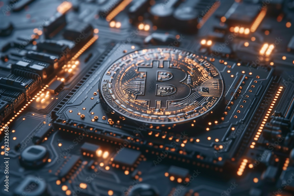 Poster close-up on a 3d bitcoin coin on a circuit board