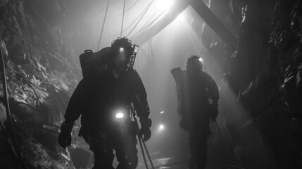 Through the mist the miners silhouette is ly visible clad in all black and adorned with gothic jewelry that glimmers like stolen treasure. . - obrazy, fototapety, plakaty