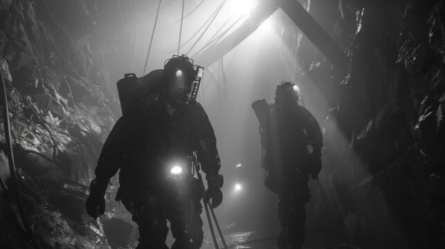 Through the mist the miners silhouette is ly visible clad in all black and adorned with gothic jewelry that glimmers like stolen treasure. .