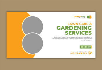 Corporate lawn care and gardening or landscaping services live stream video thumbnail design, lawn mower, gardening, promotion, web banner, template, abstract green and yellow color shapes