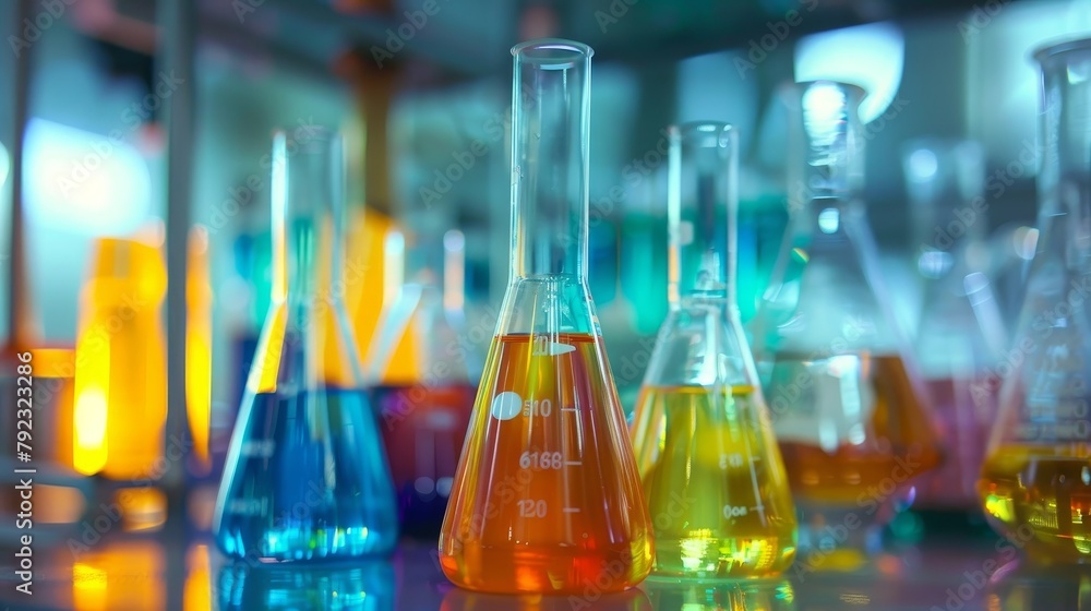 Poster an erlenmeyer conical flask with solution in a chemistry laboratory.