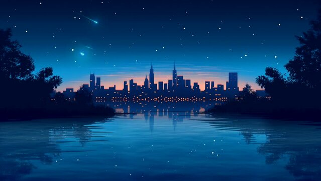 Panoramic cityscape at night with shooting stars. seamless looping 4k time-lapse animation video background