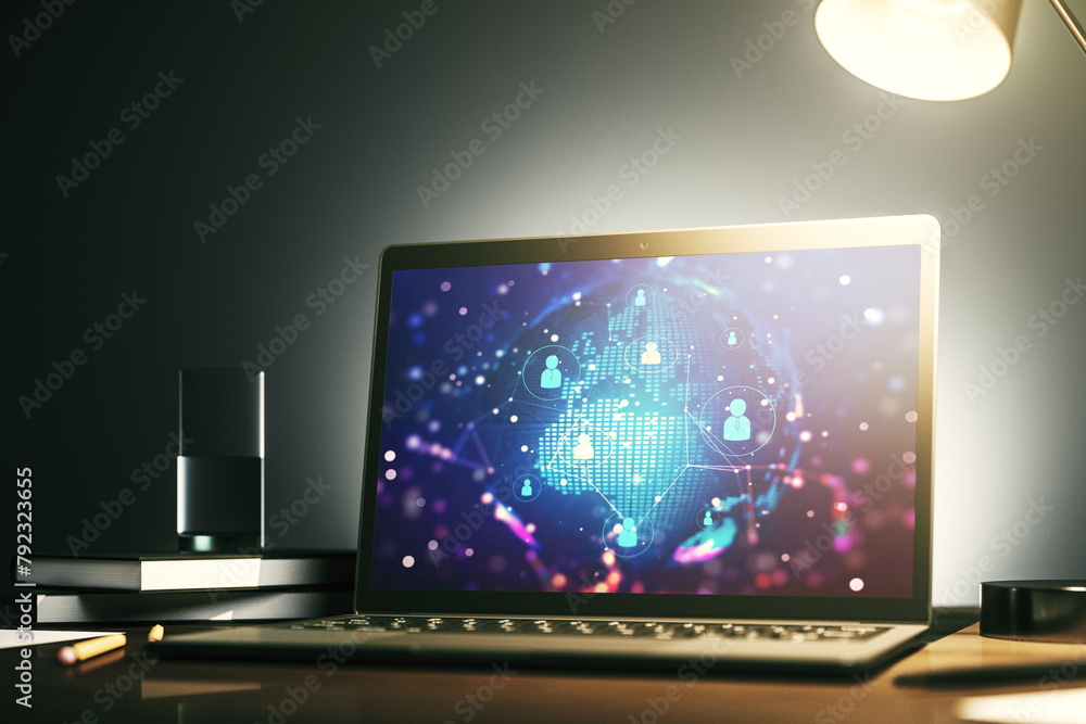 Poster Social network media concept with world map on modern computer monitor. 3D Rendering