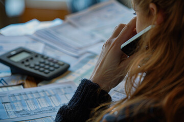 Close-up on a financial consultant advising a client over the phone, focus on the detailed spreadsheets and documents - obrazy, fototapety, plakaty