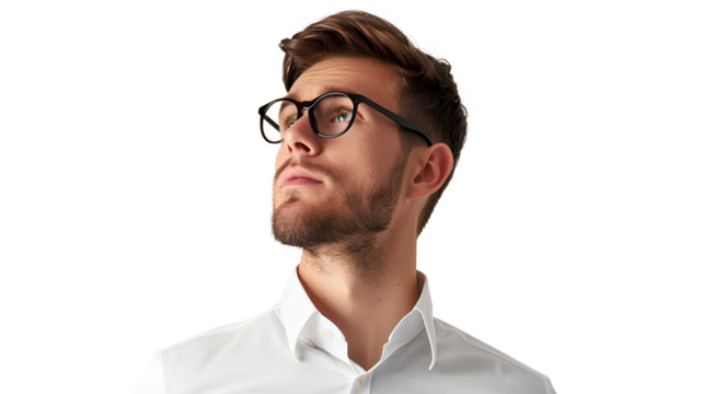 A man in a white dress shirt  wearing  black framed eyeglass isolated on a transparent background