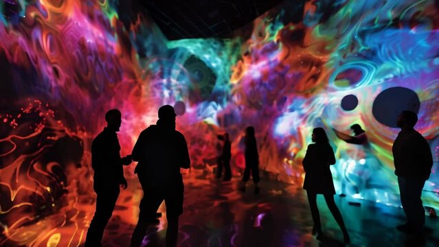 Immersive digital art installation with vivid, swirling lights engulfing visitors. Silhouettes of people interacting with the dynamic, colorful projections. 