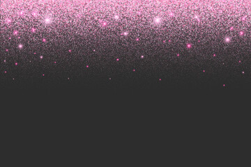 Pink glitter background with rose sparkles and confetti. Falling sequins shimmer textured effect. Shiny dust with bright particles on black backdrop. Vector abstract decoration, holiday design border