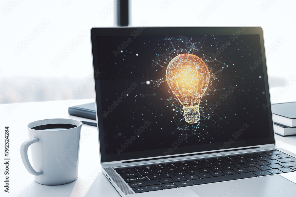 Poster creative light bulb hologram on modern laptop monitor, idea concept. 3d rendering