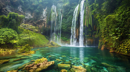 The grandeur of a cascading waterfall hidden in a tropical rainforest. 32k, full ultra hd, high resolution