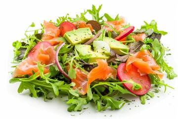 Fresh salad with smoked salmon and avocado on white background