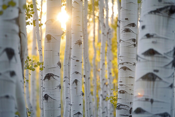 The interplay of light and shadow on a grove of aspen trees, with their white bark and quivering leaves creating a dynamic and ever-changing. 32k, full ultra hd, high resolution
