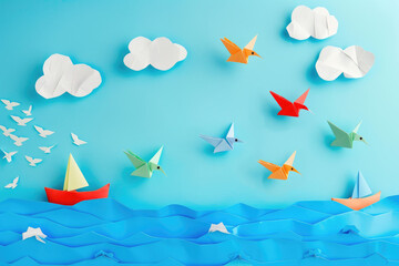 colorful paper origami birds flying over the ocean with boats and clouds on blue background