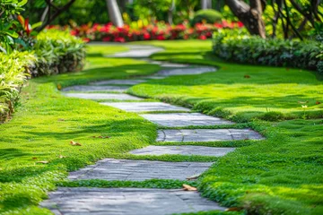 Gordijnen Garden landscape design with pathways colorful shrubs and lawn care service © The Big L