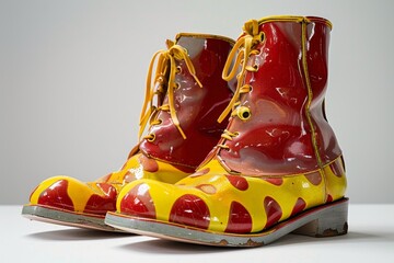 Giant colorful clown shoes on white background