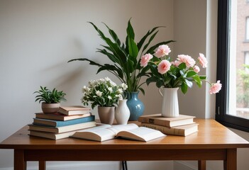 A table adorned with books, a lush houseplant, and vases brimming with vibrant floral arrangements