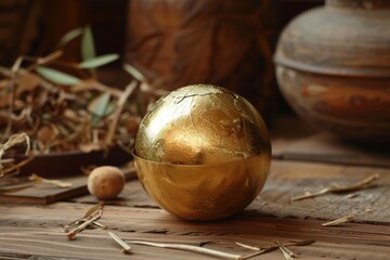 Gold sphere shaped gongjindan herbal medicine with musk and deer velvet - obrazy, fototapety, plakaty