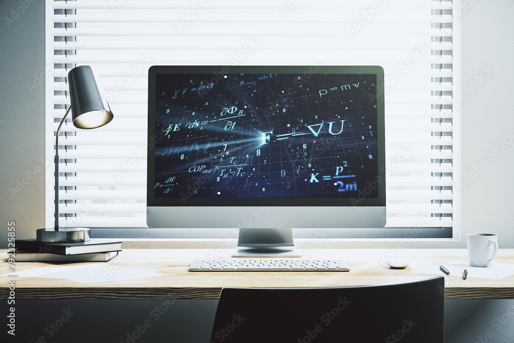 Poster Modern computer monitor with creative scientific formula concept, research and development concept. 3D Rendering