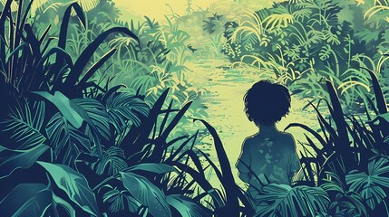 Spring field grass and boy oil painting illustration poster background