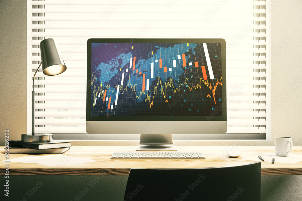 Poster Abstract creative financial graph with world map on modern laptop monitor, forex and investment concept. 3D Rendering