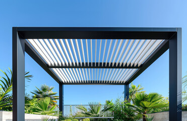 Design of a white minimalist and stylish garden canopy with slats on the terrace of an elegant modern house in France. The black steel structure frames the plants and blue sky.