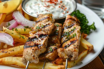Greek style chicken kebabs with fries and tzatziki dip served on a plate