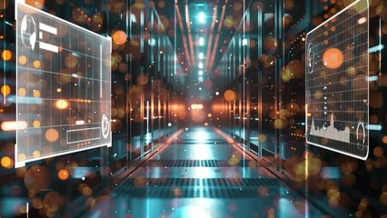 datacenter technology background. servers data center room with bright bokeh light. seamless looping overlay 4k virtual video animation background - Powered by Adobe