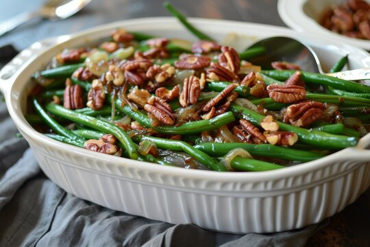 Green beans with candied pecans and onions
