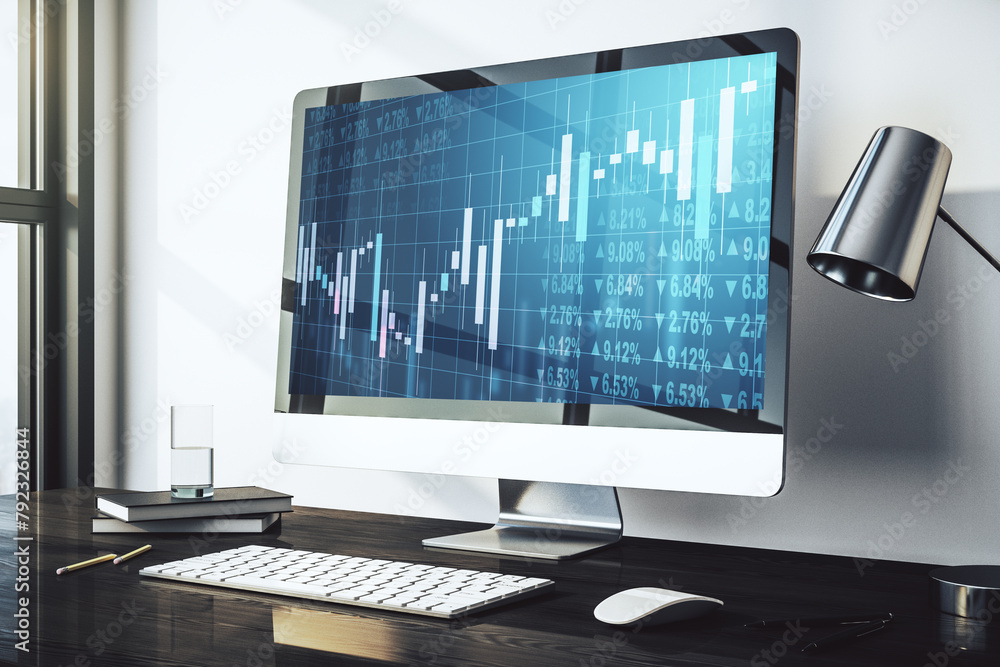 Poster Abstract creative financial diagram on modern computer monitor, banking and accounting concept. 3D Rendering