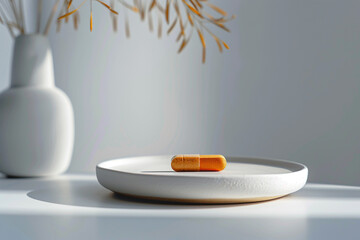 Close-up pill shot, set against a minimalist white studio, highlighting elegance