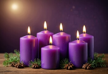 Obraz na płótnie Canvas an ambient background featuring a cluster of purple candles, casting a soft, soothing glow