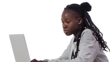 A young black female working on laptop computer isolated on transparent background