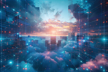 Fototapeta na wymiar Cloud cities interconnected by secure bridges of data each structure an epitome of robust scalable and secure architecture