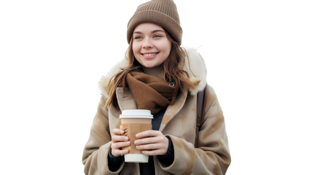 A young woman in a coat holding a coffee isolated on a transparent background
