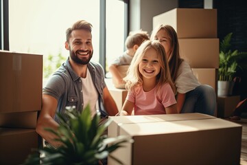 A happy family Moving Into New Home And Unpacking Boxes, real photo --ar 6:4 --v 5.2 Job ID: da9b5828-b40c-4b00-a764-c6b95b639c22