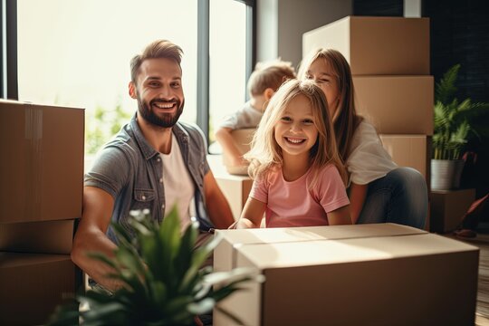 A happy family Moving Into New Home And Unpacking Boxes, real photo --ar 6:4 --v 5.2 Job ID: da9b5828-b40c-4b00-a764-c6b95b639c22 - Powered by Adobe