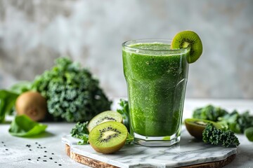 Green smoothie in a glass on a marble board front shot vertical