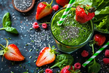 Green smoothie with fruits vegetables chia seeds strawberry garnish and green straw