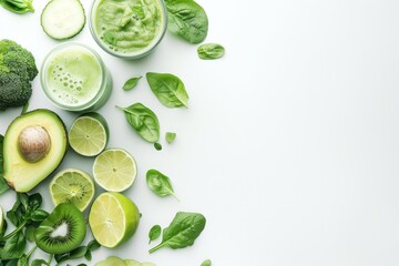 Green smoothie with superfoods and detox ingredients on white background promoting health and vegetarian diet Text space available