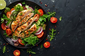 Grilled chicken and salad healthy keto lunch concept black background