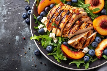 Grilled chicken breast with peaches blueberries arugula and feta on plate top view