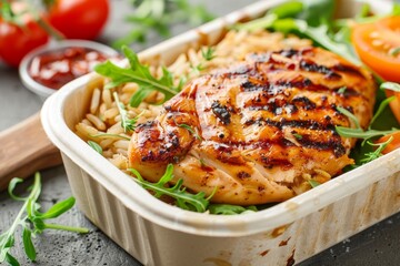 Grilled chicken brown rice and salad in lunch box - obrazy, fototapety, plakaty