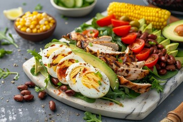 Grilled chicken cobb salad with avocado and vegetables on marble board