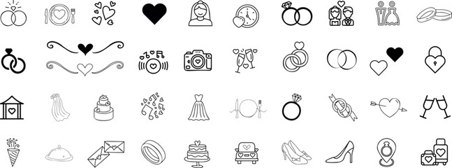Wedding love vector icon set. Black line art of rings, hearts, cake, flowers, camera on white background. Perfect for invitations, greeting cards, web design - obrazy, fototapety, plakaty
