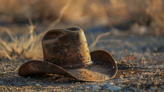 A weathered cowboy hat abandoned on the ground as its owner rode off into the sunset. .
