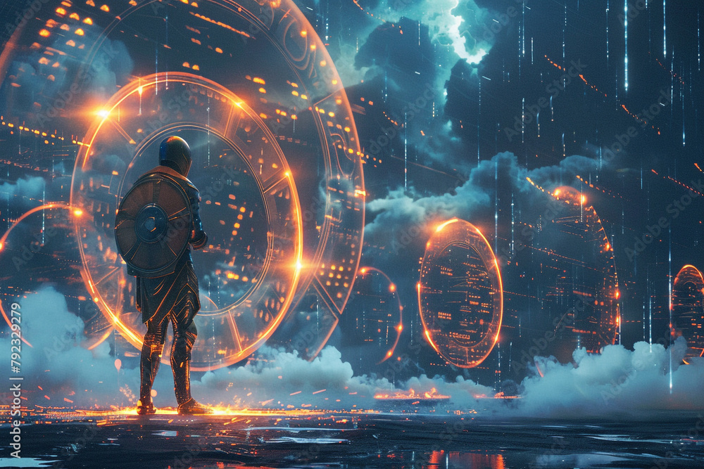 Poster cloud security warriors wielding firewalls and encryption spells in a digital battleground