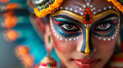 Closeup of a dancers face adorned with colorful traditional makeup conveying the heritage and...