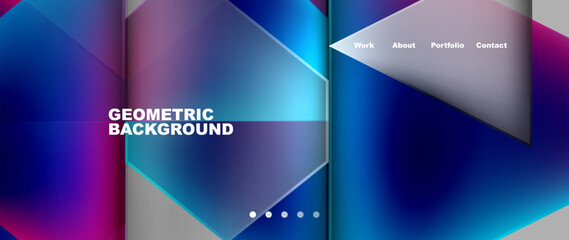 A geometric background featuring rectangles, triangles, and a gradient of electric blue and magenta. The pattern creates a visually appealing display for multimedia graphics with a modern font