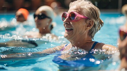 Active mature women enjoying aqua gym class in a pool, healthy retired lifestyle with seniors doing...